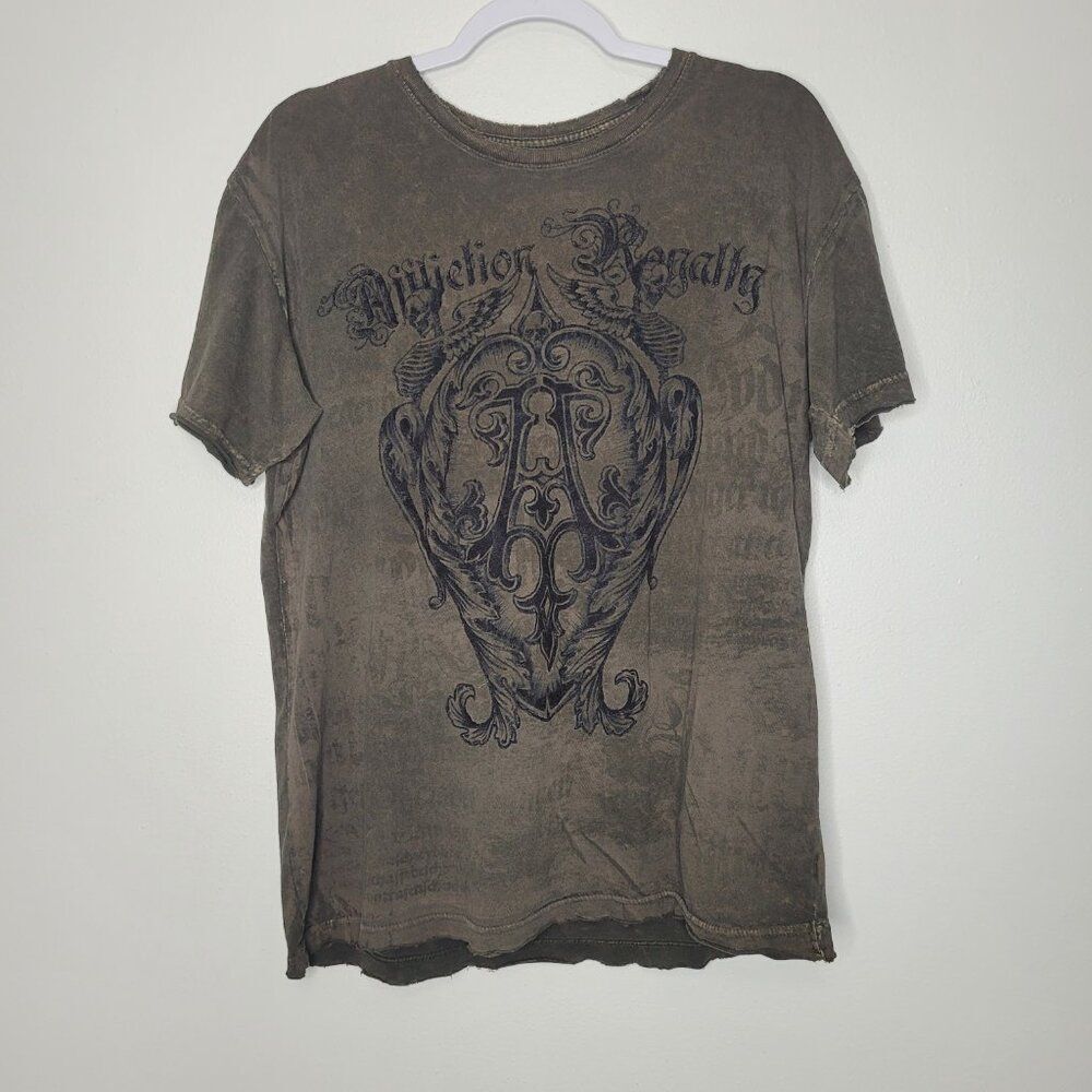 Affliction brown black grunge crest skeleton wings cyber goth short sleeve large